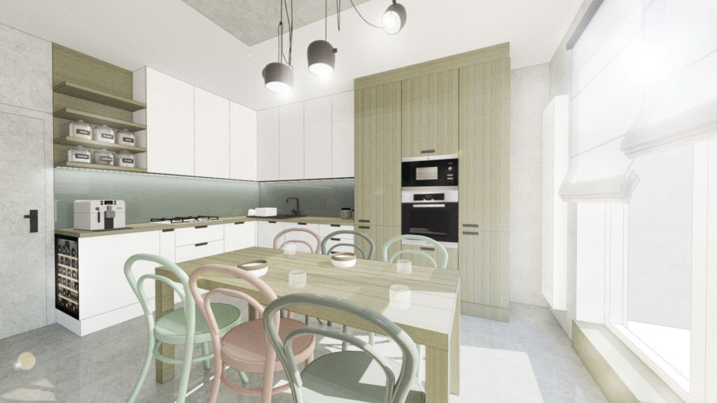 Bytový designer navrhuje kuchyni a jídelnu s židlemi Thonet