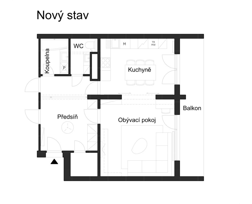 Navrhovaná dispozice bytu s propojením kuchyně a obývacího pokoje