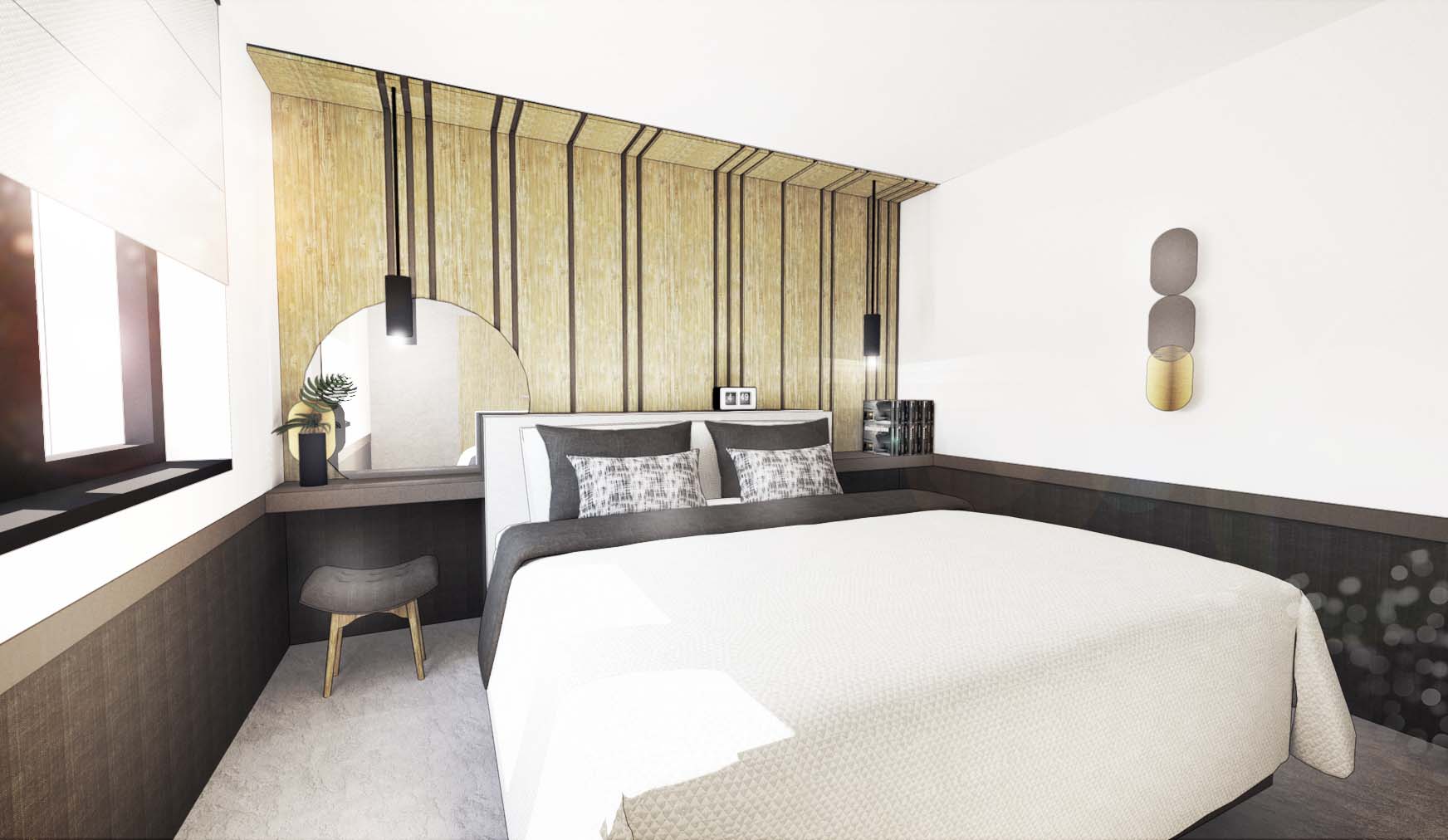 Návrh interiéru ložnice s dřevěným obkladem a šedou barvou