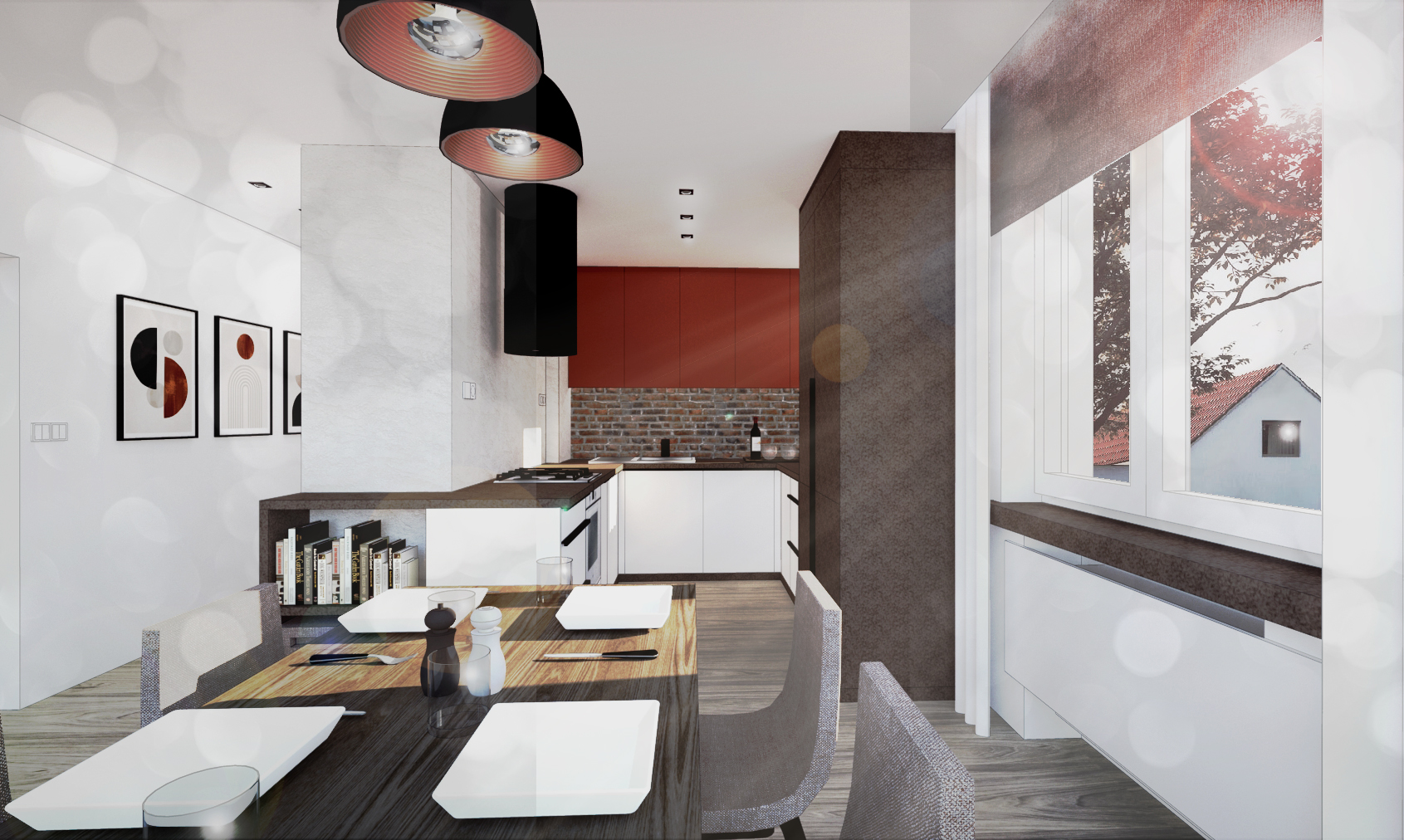 Design interiéru obytné jídelny s kuchyňským koutem